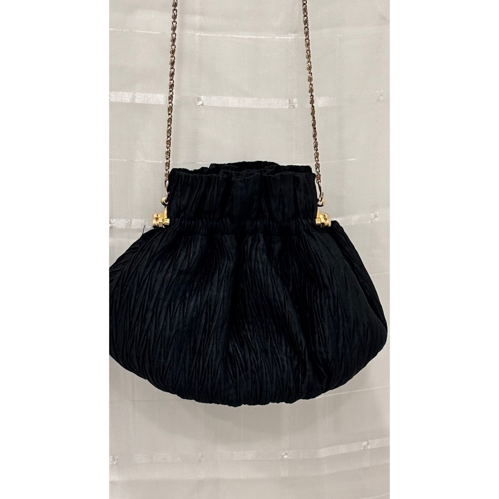 Vintage Vanessa Paris Black Pleated Evening Bag Gold Chain Kiss Lock Pouch Purse